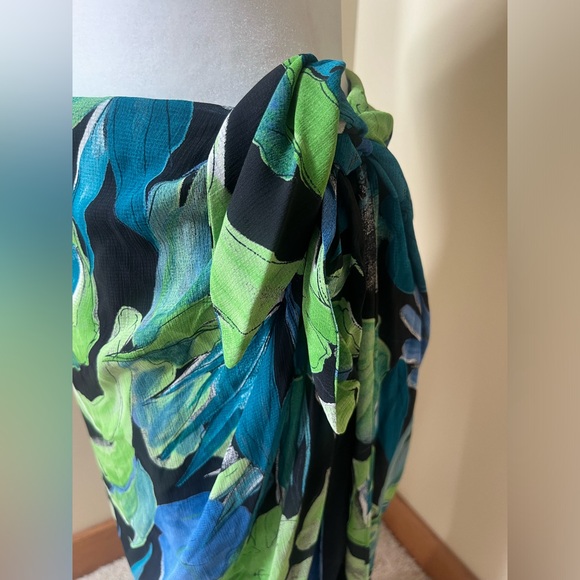 Vintage Cache 💙💚🖤 Black Spandex Zip Skirt W/ Floral Sarong Size 10 90s 🖤💙💚 - Picture 5 of 12